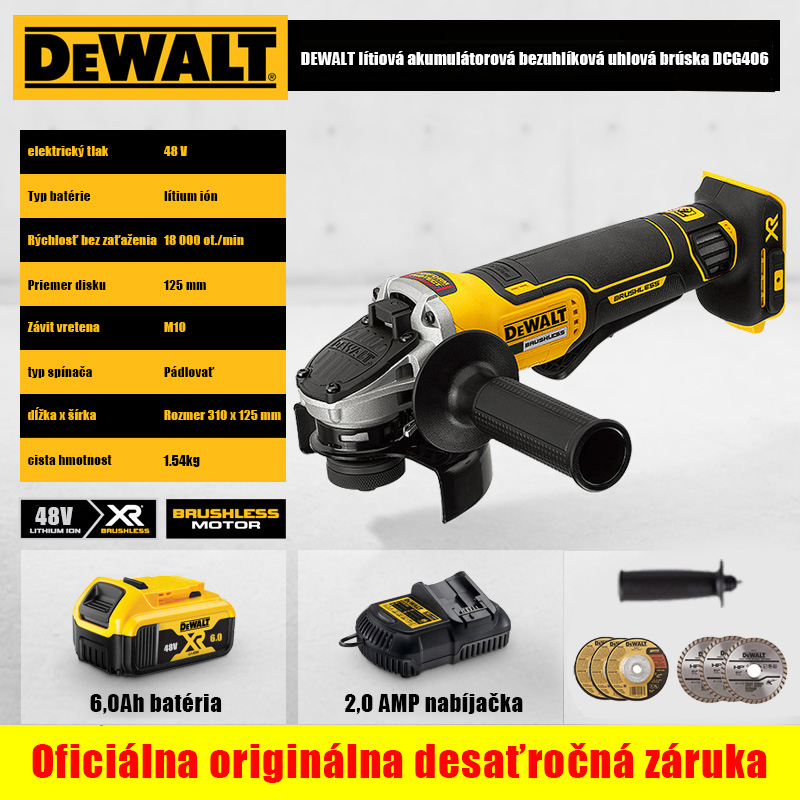 48V 1600W úhlová bruska Dewalt + lithiová baterie + 18AMP nabíječka